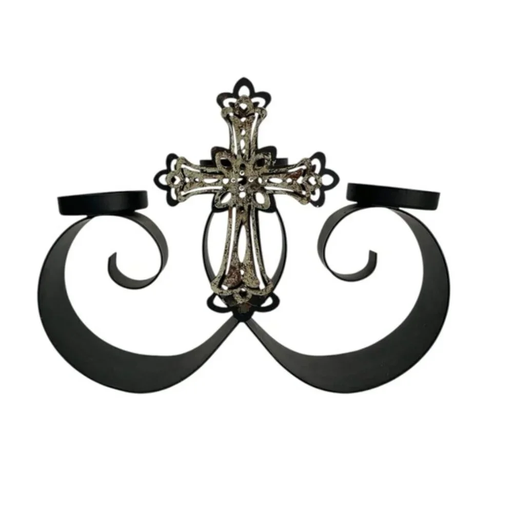 Artisan Jeweled Cross Multi Votive Candelabra Candle Holder Primitive Vintage